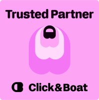 Pink graphic with 'Trusted Partner' and 'Click&Boat' text, featuring a stylized anchor shape in the center.