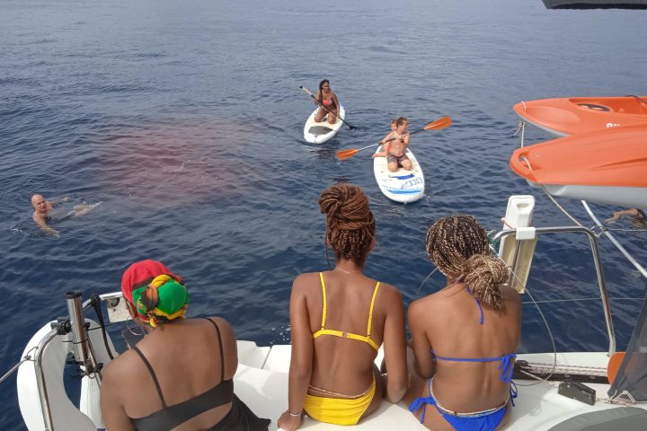 a group of people in a boat on a body of water