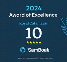 2024 Award of Excellence for Royal Catamaran, rating 10, five stars, SamBoat logo.