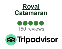 Royal Catamaran logo with five-star rating, 150 reviews on Tripadvisor.