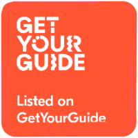 Orange badge with 'GET YOUR GUIDE' logo and text 'Listed on GetYourGuide'.
