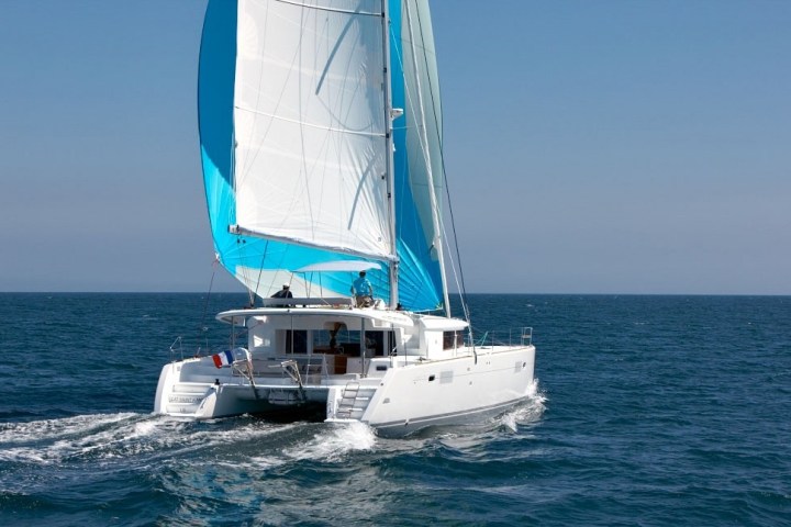 White catamaran with blue sails sailing on the ocean.