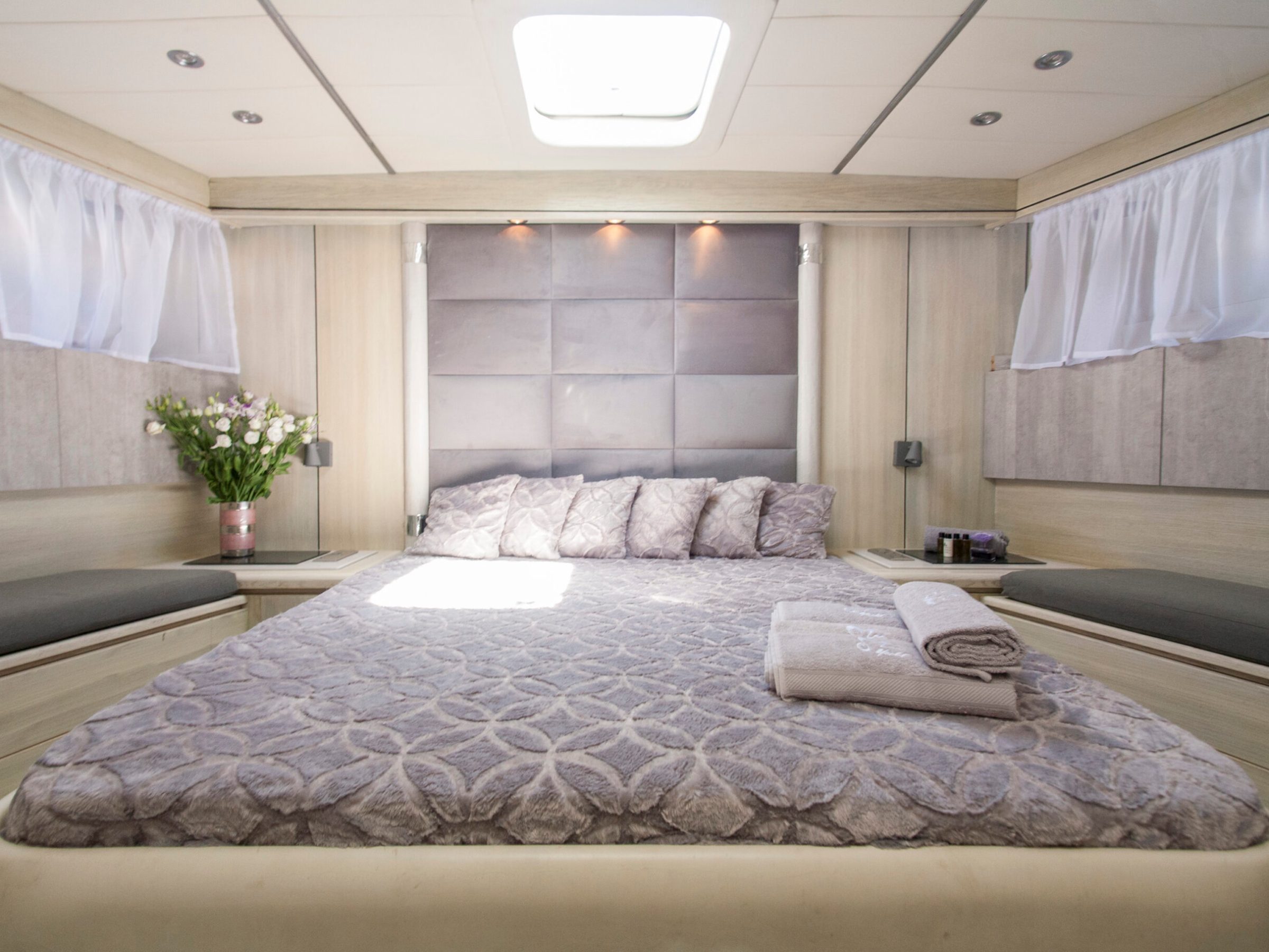 a bedroom with a large bed in a room