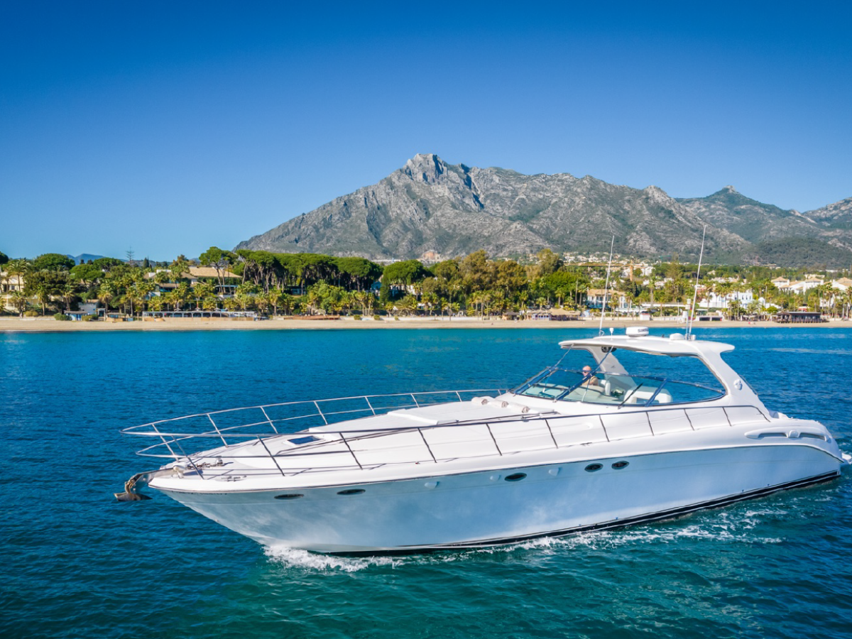 a large boat in a body of water with a mountain in the background