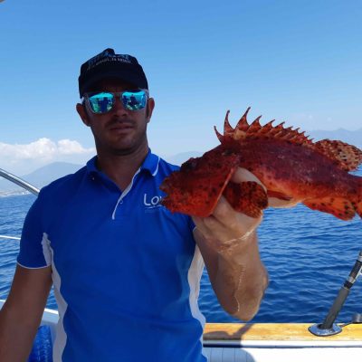 Man in blue shirt holding a red scorpionfish on a boat with ocean and mountains in the background.