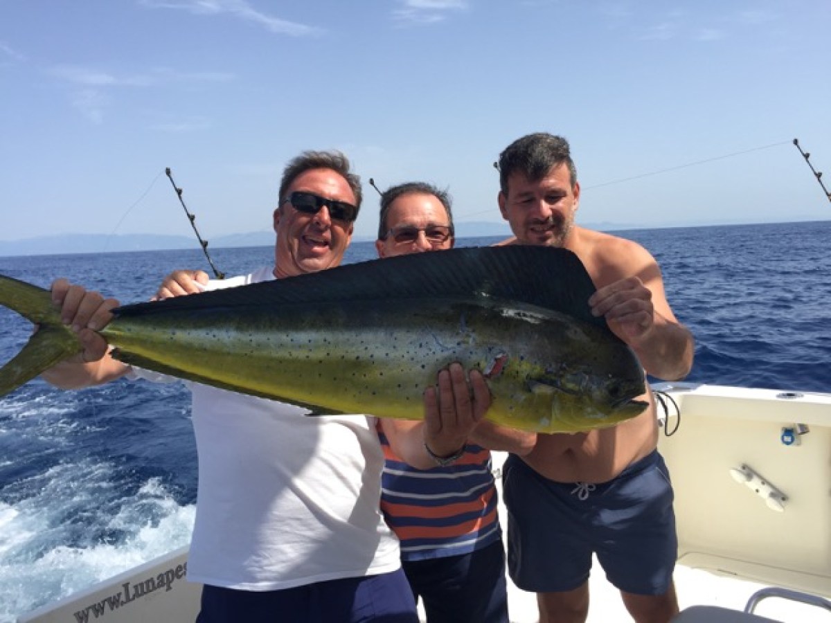 Three men on a boat holding a large fish with the ocean in the background.
