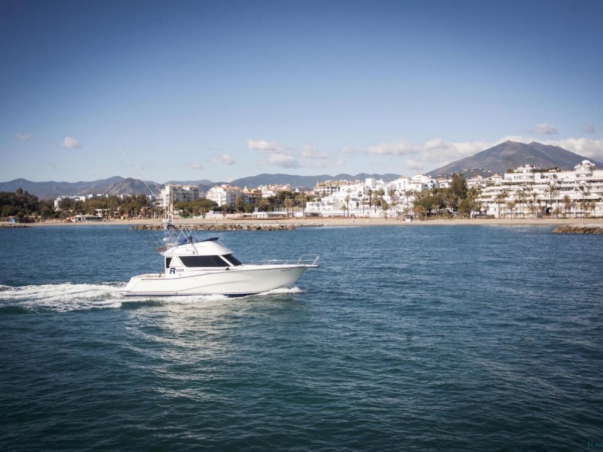 A motorboat on the ocean near a coastal town with buildings and mountains in the background.