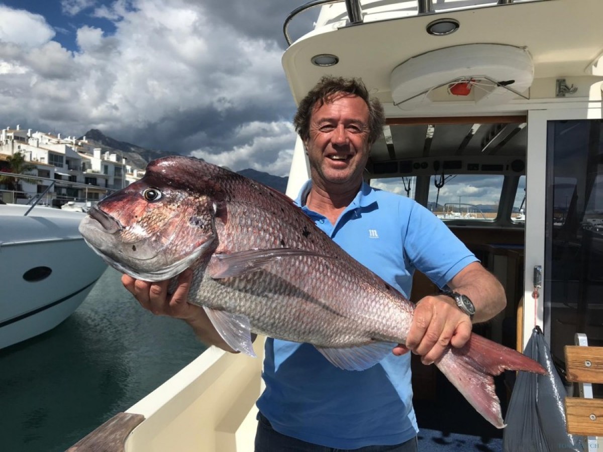Man on a boat holds a large fish under a cloudy sky.